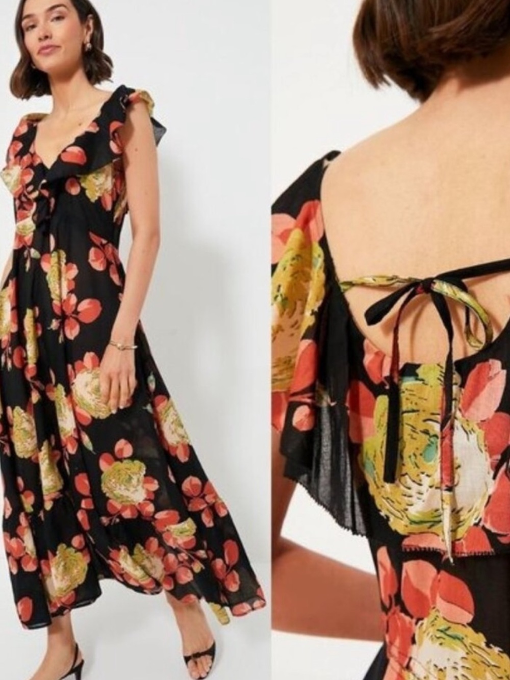 THE GREAT Black Floral Ruffle Maxi Dress - Size 1 - Cabbage Rose